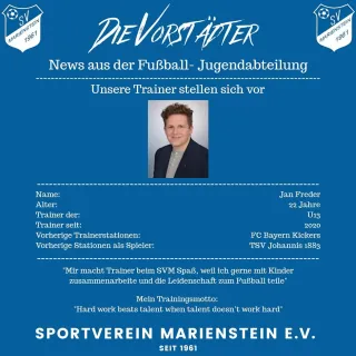 +++ News +++
.
Lieber Jan, herzlich willkommen in der SVM-Familie!
.
Jan wird sich um eine unserer U13-Mannschaften kümm...