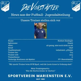 +++ News +++
. 
Es geht weiter mit der Vorstellung unserer Jugend-Trainer!
. 
Heute ist unser lieber Norbert dran, er tr...