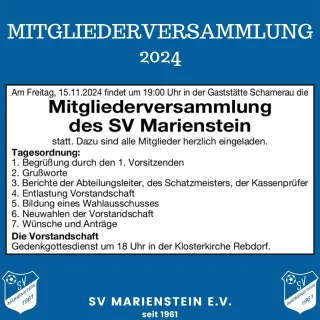 Wir laden alle Mitglieder des SV Marienstein herzlich zur diesjährigen Mitgliederversammlung am 15.11.2024 ein.
.
Neben...