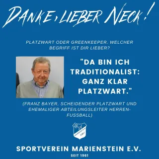 Lieber Neck!
Danke, dass Du da warst!
.
Unser Platzwart Franz Bayer wird kürzer treten und sein Amt an @johanneskammerba...