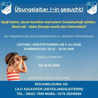 Wir suchen neue Übungsleiter im Turnen! 💙🤍
.
Wenn Du Lust hast auf Gemeinschaft und Spaß und Du möchtest was bewirken,...
